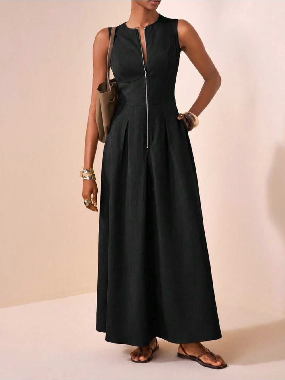 SHEIN Black Sleeveless Maxi Dress with Front Zip Detail - NWOT